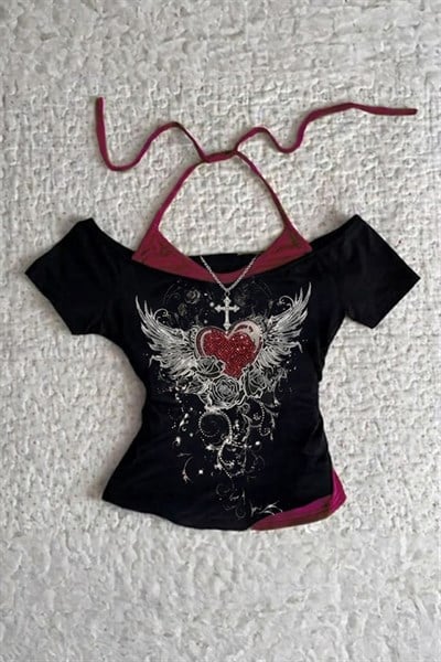 Siyah Rose Red Heart Ek Askılı Gotik Y2K Kısa Kollu Crop