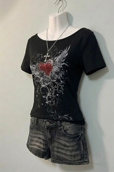 Siyah Rose Red Heart Gotik Y2K Kısa Kollu Crop