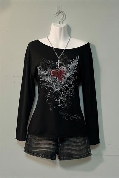 Siyah Rose Red Heart Gotik Y2K Uzun Kollu Crop