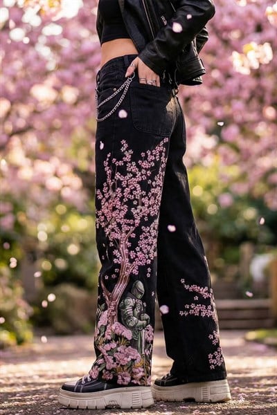 Siyah Sakura Şovalye Nakışlı Y2K Baggy Pantolon