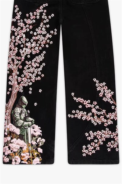 Siyah Sakura Şövalye Nakışlı Y2K Baggy Pantolon