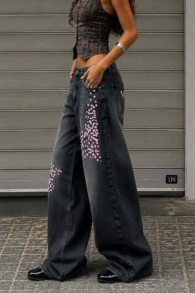 Siyah Sakura Taşlamalı Y2K Unisex Baggy Pantolon