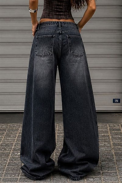 Siyah Sakura Taşlamalı Y2K Unisex Baggy Pantolon