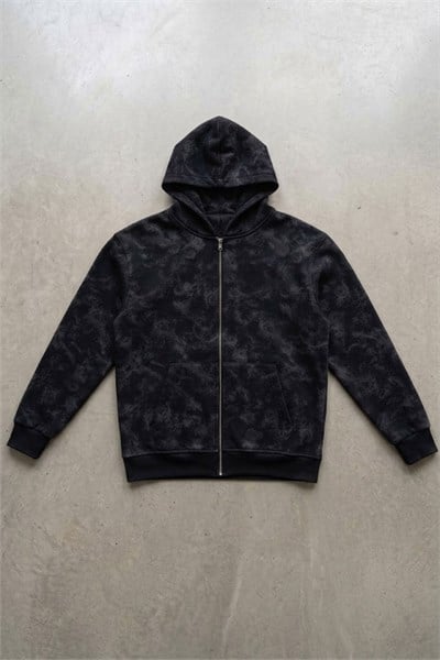 Siyah Sisli Streetwear Kapüşonlu Unisex Hırka