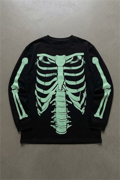 Siyah Skeleton Body Fosforlu Gotik Halloween Unisex Sweatshirt