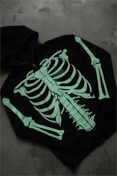 Siyah Skeleton Body Fosforlu Gotik Halloween Unisex Hırka