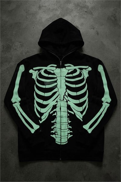 Siyah Skeleton Body Fosforlu Gotik Halloween Unisex Hırka