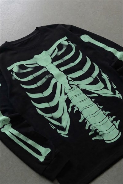 Siyah Skeleton Body Fosforlu Gotik Halloween Unisex Sweatshirt