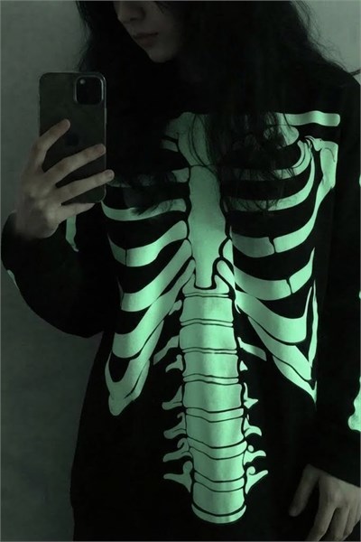 Siyah Skeleton Body Fosforlu Gotik Halloween Unisex Sweatshirt