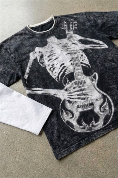 Siyah Skeleton Guitar Gotik Beyaz Kollu Y2K Uzun Kollu T-Shirt