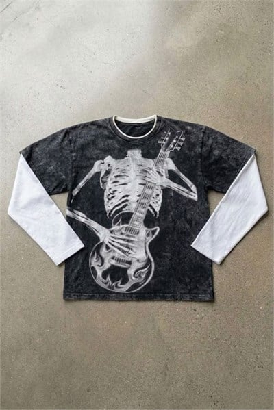Siyah Skeleton Guitar Gotik Beyaz Kollu Y2K Uzun Kollu T-Shirt