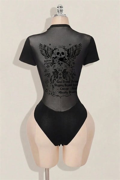 Siyah Skull Ambition Gotik Rose Transparan Kısa Kollu Çıtçıtlı Body