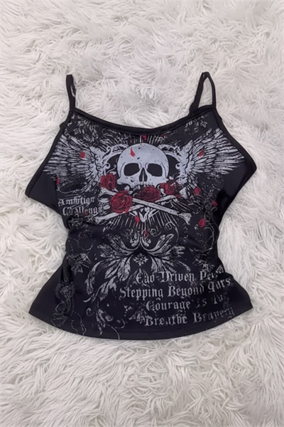 Siyah Skull Ambition Gotik Rose Y2K Askılı Crop