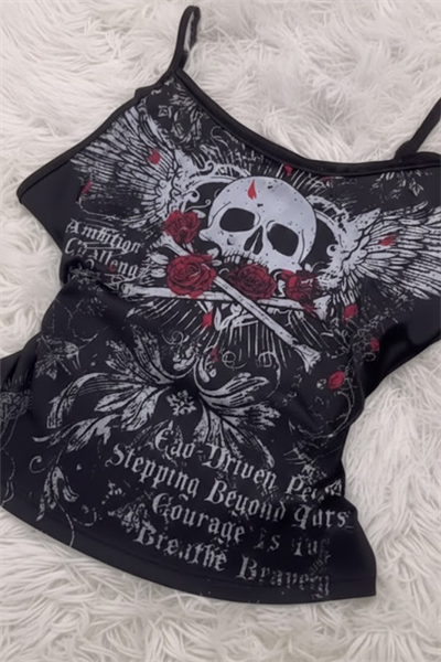 Siyah Skull Ambition Gotik Rose Y2K Askılı Crop