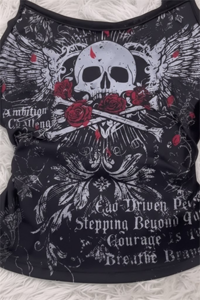 Siyah Skull Ambition Gotik Rose Y2K Askılı Crop