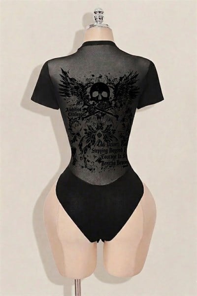 Siyah Skull Ambition Gotik Transparan Kısa Kollu Çıtçıtlı Body