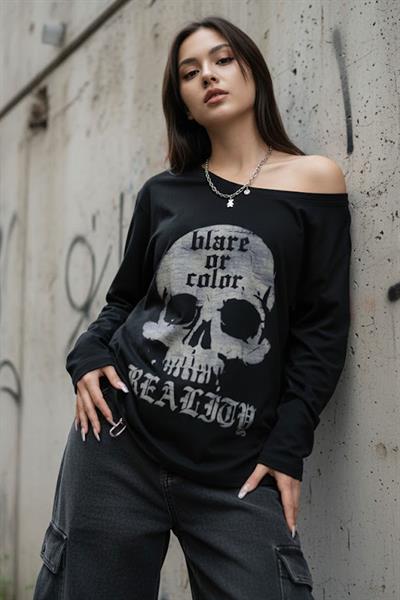 Siyah Skull Blare Or Color Salaş Omuz Dekolteli Uzun Kollu Off-Shoulder T-Shirt