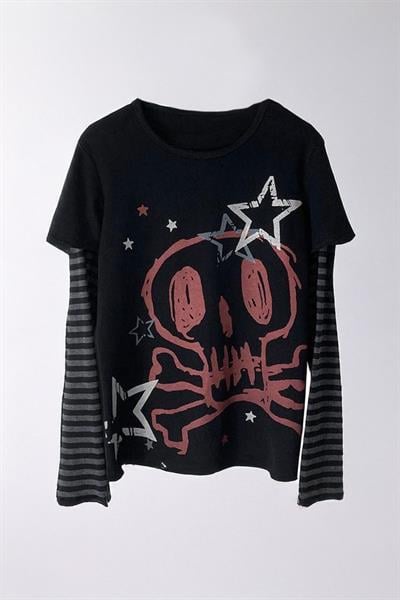 Siyah Skull Stars Çizgili Kollu Y2K Unisex Uzun Kollu T-Shirt