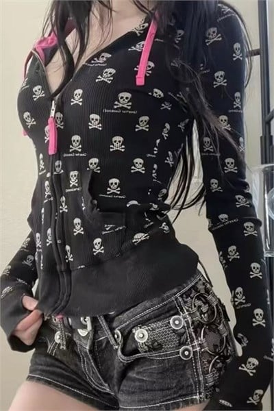Siyah Skull Texture Pembe Detaylı Gotik Y2K Crop Hırka