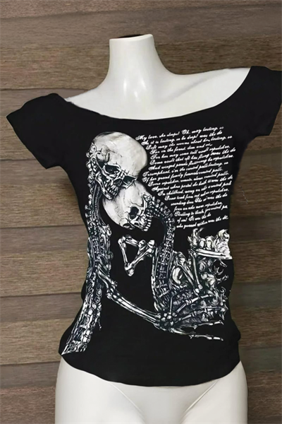 Siyah Skulls Letter Love Body Cyber Grunge Madonna Yaka Y2K Kısa Kollu Crop