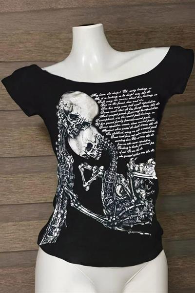 Siyah Skulls Letter Love Body Cyber Grunge Madonna Yaka Y2K Kısa Kollu Crop 