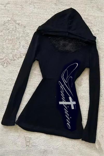 Siyah Sleeve Cross Basklılı Grunge Y2K Kapüşonlu Uzun Kollu Bluz