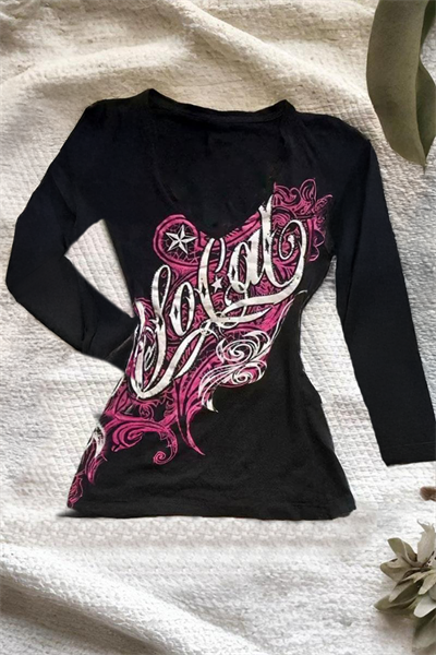 Siyah So Cal Star Geniş Yaka Gotik  Y2K Uzun kollu Crop