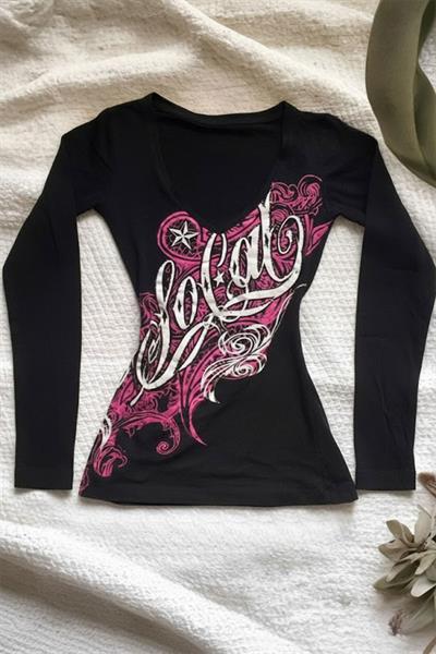 Siyah So Cal Star Geniş Yaka Gotik  Y2K Uzun kollu Crop