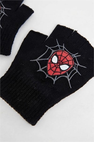 Siyah Spider Man Face Kesik Parmak Unisex Eldiven
