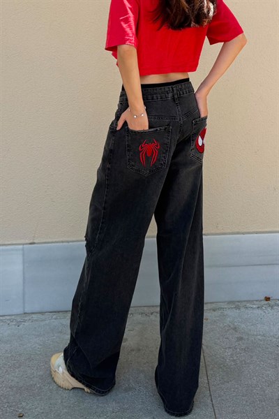 Siyah Spider Man Nakışlı Y2K Unisex Baggy Pantolon