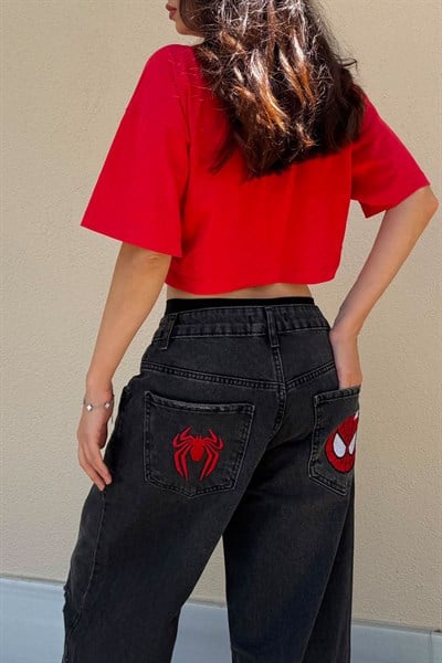Siyah Spider Man Nakışlı Y2K Unisex Baggy Pantolon