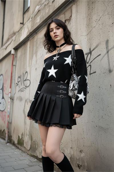 Siyah Stars Askılı Y2K Triko Kazak
