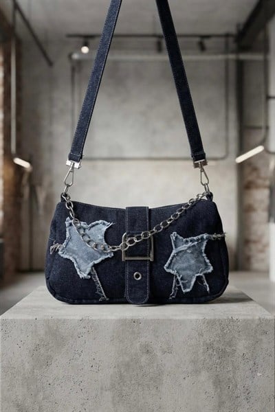 Siyah Stars Grunge Kot Yan Çanta
