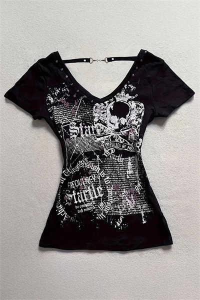 Siyah Startle Kemerli Gotik Kısa Kollu Crop