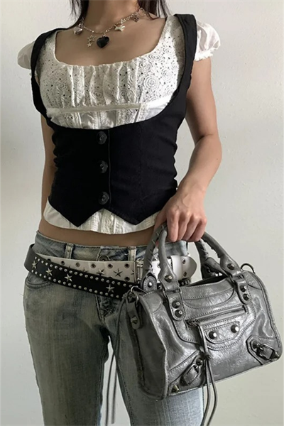 Siyah Steampunk Racerback Gotik Y2K Yelek
