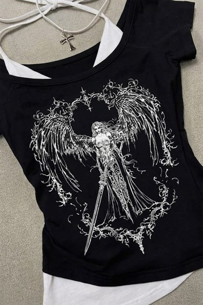 Siyah Sword Warriror Angel Madonna Yaka Ek Askılı Full Body Gotik Y2K Kısa Kollu Crop