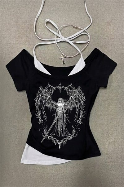 Siyah Sword Warriror Angel Madonna Yaka Ek Askılı Full Body Y2K Kısa Kollu Crop