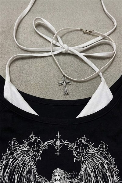 Siyah Sword Warriror Angel Madonna Yaka Ek Askılı Full Body Gotik Y2K Kısa Kollu Crop
