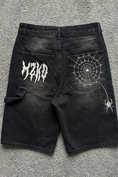 Siyah Taşlamalı Beyaz MZKD Spider Y2K Baggy Unisex Şort