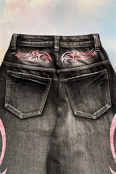 Siyah Taşlamalı Grunge Pembe Tribal Baskılı Harajuku Y2K Unisex Baggy Pantolon