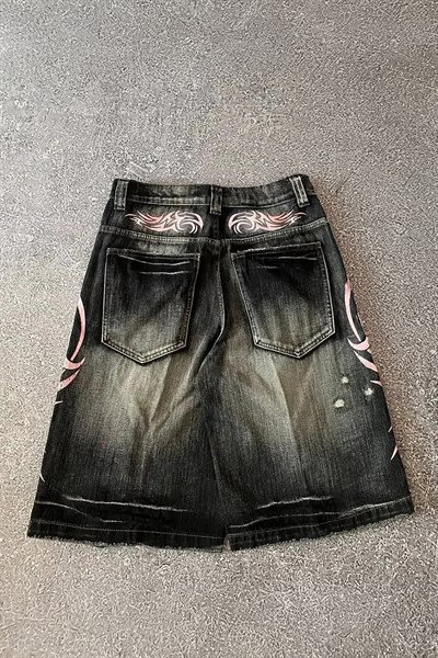 Siyah Taşlamalı Grunge Pembe Tribal Baskılı Harajuku Y2K Unisex Şort