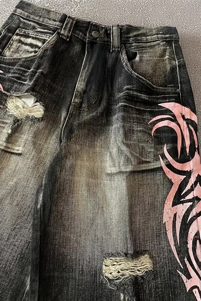 Siyah Taşlamalı Grunge Pembe Tribal Baskılı Harajuku Y2K Unisex Şort
