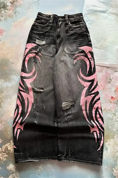 Siyah Taşlamalı Grunge Pembe Tribal Baskılı Harajuku Y2K Unisex Baggy Pantolon