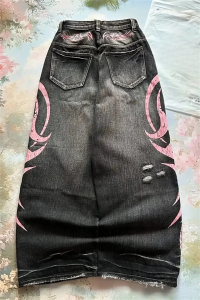 Siyah Taşlamalı Grunge Pembe Tribal Baskılı Harajuku Y2K Unisex Baggy Pantolon