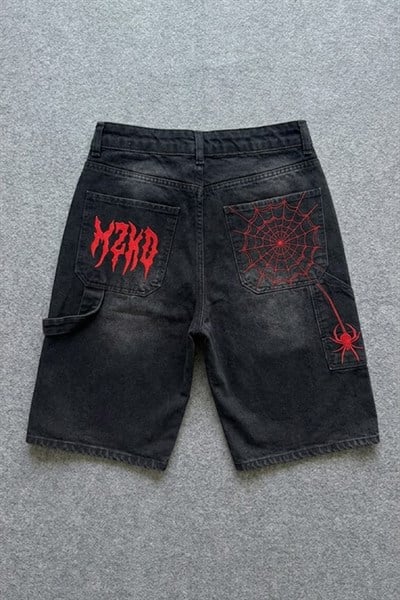Siyah Taşlamalı kırmızı MZKD Spider Y2K Baggy Unisex Şort