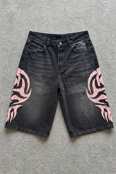 Siyah Taşlamalı Pembe Tribal Baskılı Y2K Unisex Baggy Şort