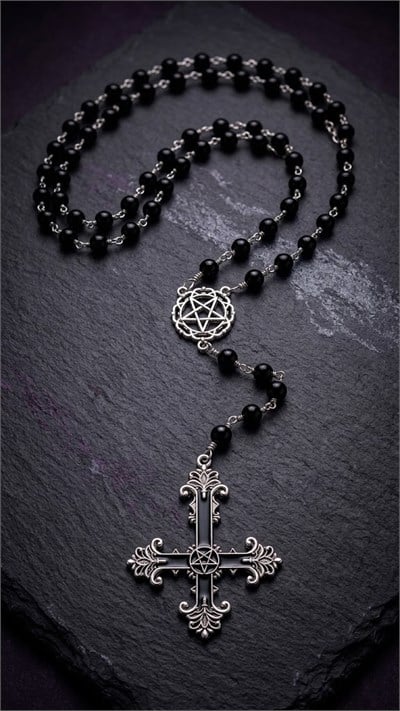 Siyah Taşlı Gotik Pentagam Cross Kolye