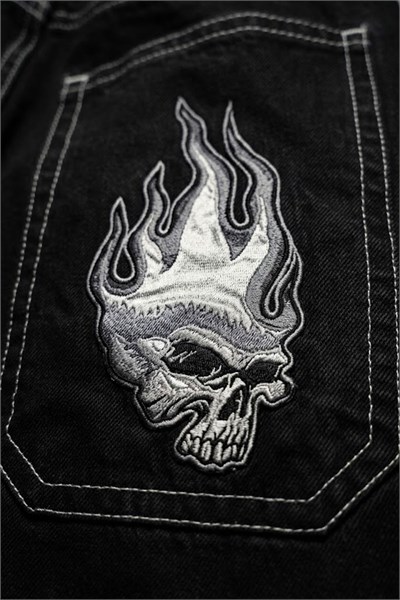 Siyah Ter Dikiş Flaming Skull Harajuku Y2K Unisex Baggy Pantolon