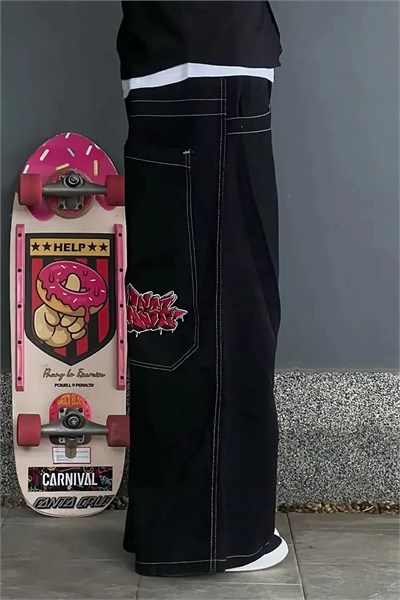 Siyah Ters Dikiş Skater Streetwear Y2K Unisex Baggy Pantolon