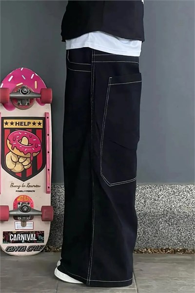 Siyah Ters Dikiş Skater Streetwear Y2K Unisex Baggy Pantolon
